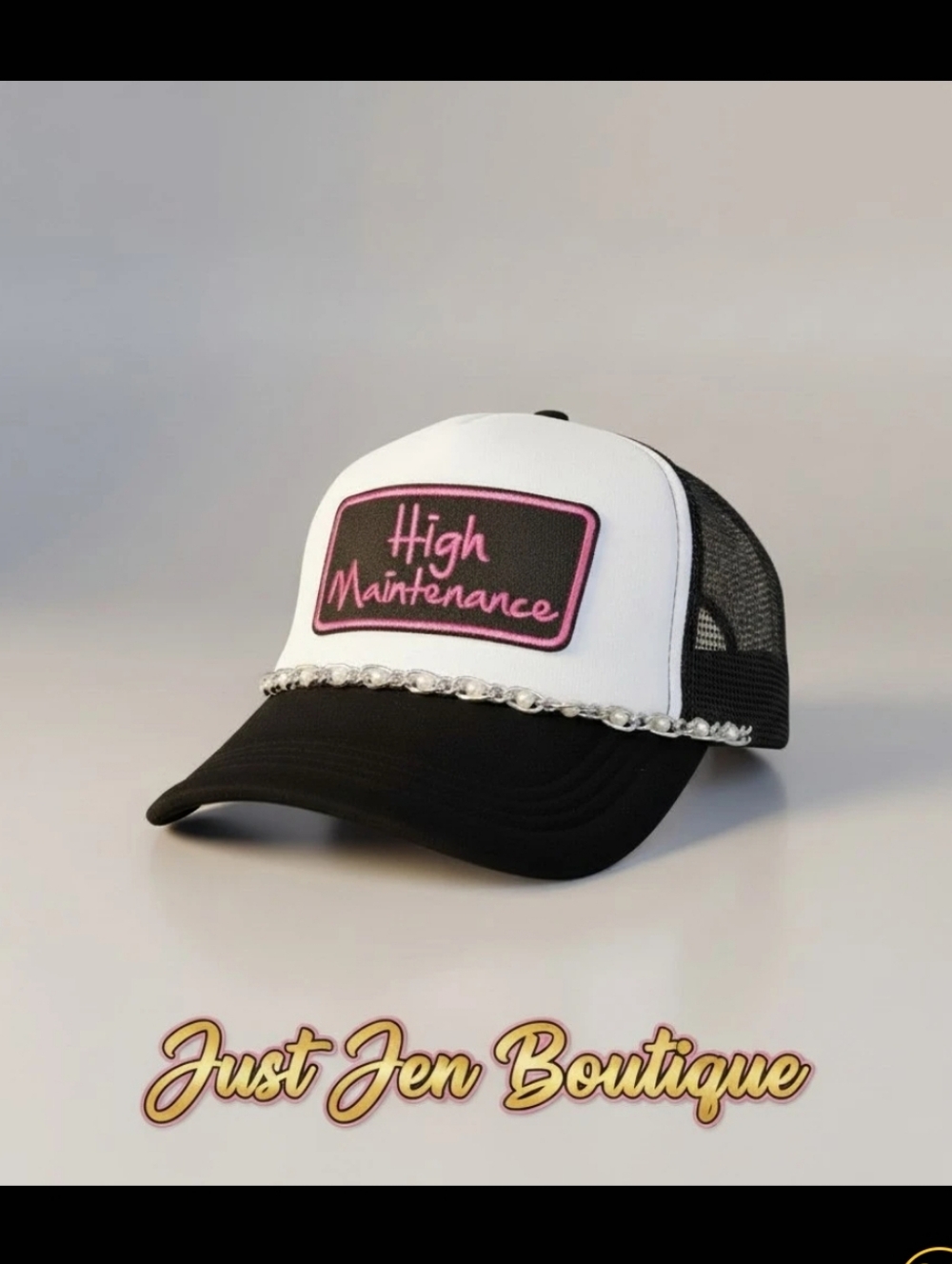 High Maintenance Embroidered Trucker Hat in White & Black With Pearl Chain-Women